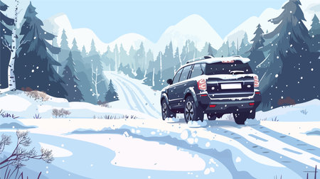 Snowy Forest Drive with a Car Sporting Winter Tires for Enhanced Grip and Stabilityのイラスト素材