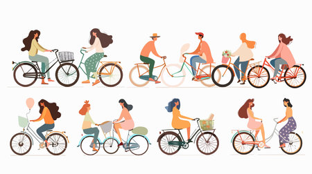 Cheerful Collage of Three Women and a Little Girl Enjoying a Bike Rideのイラスト素材