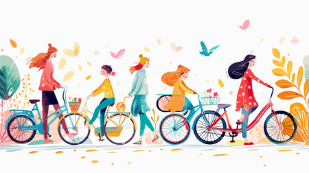 Cheerful Collage of Three Women and a Little Girl Enjoying a Bike Rideのイラスト素材