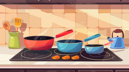 Cartoon Pans Cleaning on the Stovetop in a Spacious Kitchenのイラスト素材