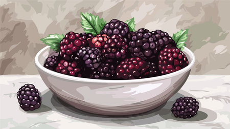 Ripe and Luscious Blackberries in a White Marble Bowl on Elegant Displayのイラスト素材