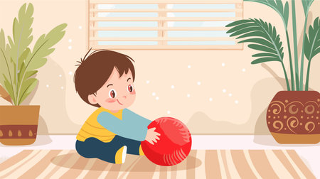 Child Playing with Bright Red Ball Indoorsのイラスト素材
