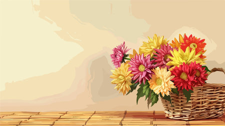 Vibrant Chrysanthemum Bouquet Adorned in a Wicker Basketのイラスト素材