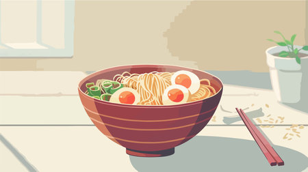 Delectable Bowl of Ramen with Assortment of Ingredients on Pristine White Tableclothのイラスト素材