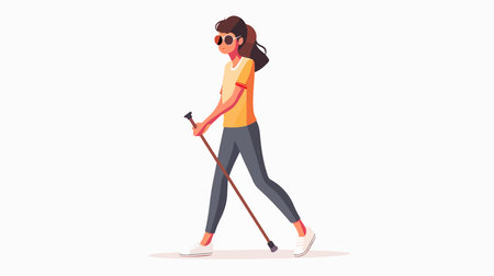 Visually Impaired Female Navigating with Cane in Bright Studio Settingのイラスト素材