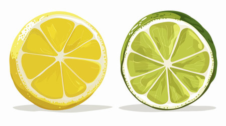 Cartoon Illustration of Cut Fresh Lime and Lemon Slices on a White Backgroundのイラスト素材