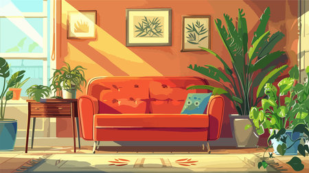 Cozy Interior with Comfortable Sofa, Houseplants, and Chest of Drawersのイラスト素材