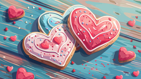 Artistically Arranged Heart-Shaped Cookies Adorned with Decorations on a Tabletopのイラスト素材