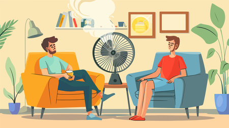 Enjoying the Cool Breeze with a Portable Fan at Homeのイラスト素材
