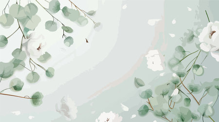 Delicate Cotton Flowers and Eucalyptus Leaves Gently Descending with Light Diffusionのイラスト素材
