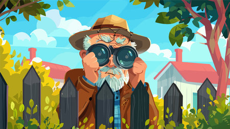 Elderly Person Using Binoculars in Gardenのイラスト素材