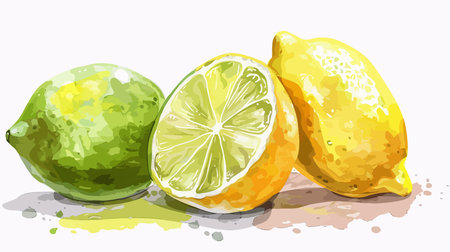 Cartoon Illustration of Cut Fresh Lime and Lemon Slices on a White Backgroundのイラスト素材