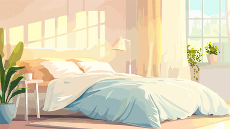 Cozy and Serene Bedroom with Soft, Silky Bedclothes in a Bright and Airy Roomのイラスト素材