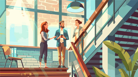Coffee Break Conversation on Office Stairs with Coworkersのイラスト素材