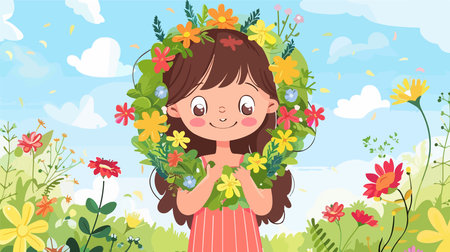 A Vibrant Floral Wreath in a Spring Garden Sceneのイラスト素材