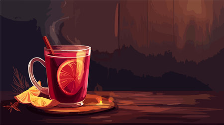 Festive Mulled Wine in a Cozy Wooden Cup on a Dark Background for Christmas or Winter Holidaysのイラスト素材