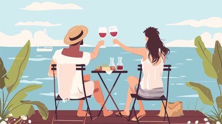 Romantic Sunset Picnic with Wine on a Picturesque Pierのイラスト素材