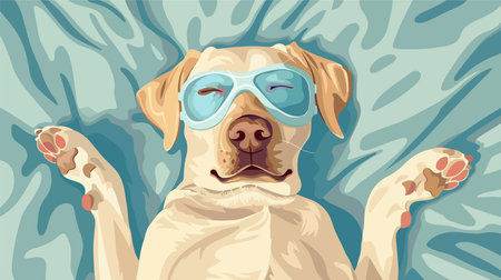 Adorable Labrador Retriever with Sleep Mask Resting Comfortably on a Bedのイラスト素材