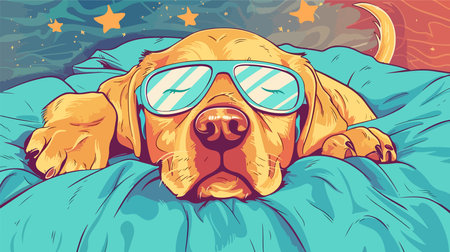 Adorable Labrador Retriever with Sleep Mask Resting Comfortably on a Bedのイラスト素材