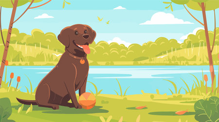 Playful Chocolate Labrador Retriever with Toy in Sunny Summer Fieldのイラスト素材