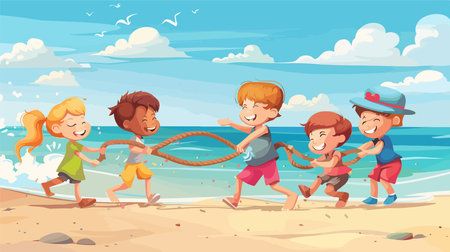 Adorable Children Engaged in an Exciting Tug-of-War Gameのイラスト素材