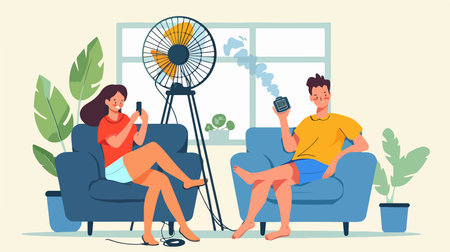 Enjoying the Cool Breeze with a Portable Fan at Homeのイラスト素材