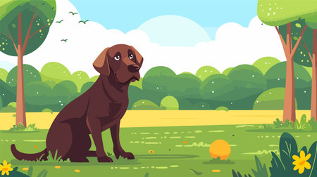 Playful Chocolate Labrador Retriever with Toy in Sunny Summer Fieldのイラスト素材