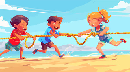 Adorable Children Engaged in an Exciting Tug-of-War Gameのイラスト素材