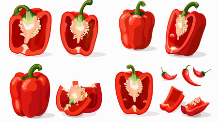 Vibrant Red Bell Peppers Sliced and Whole on White Backgroundのイラスト素材