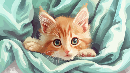 Cartoon Illustration of an Adorable Baby Kitten Snuggling on a Soft Blanketのイラスト素材