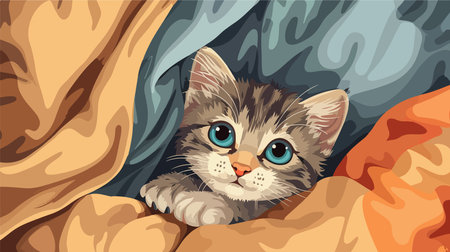 Cartoon Illustration of an Adorable Baby Kitten Snuggling on a Soft Blanketのイラスト素材