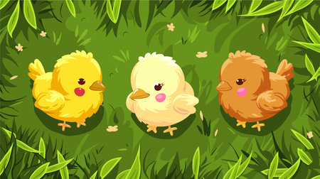 Adorable Fluffy Baby Chickens Enjoying a Sunny Farm Outingのイラスト素材