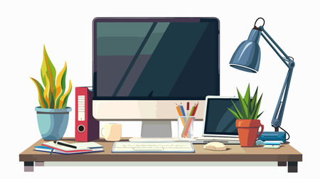 Minimalist Workspace with Potted Plant and Office Supplies on Table against White Wallのイラスト素材