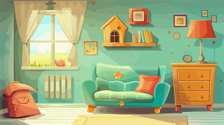 Cozy Kid's Room with House-Shaped Shelves and Playful Sofaのイラスト素材