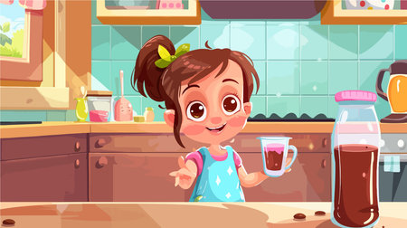 Adorable Child Enjoying Chocolate Milk and Kitchen Adventureのイラスト素材