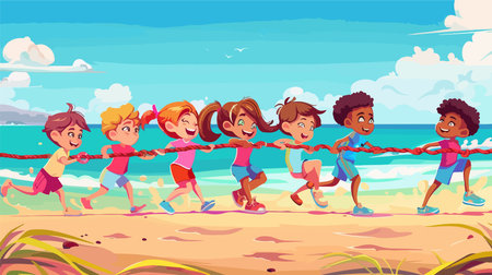 Adorable Children Engaged in an Exciting Tug-of-War Gameのイラスト素材