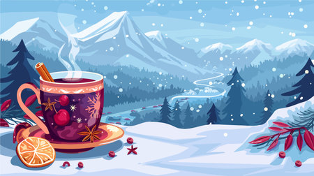 Festive Mulled Wine with Aromatic Spices Adorned in a Snowy Winter Settingのイラスト素材