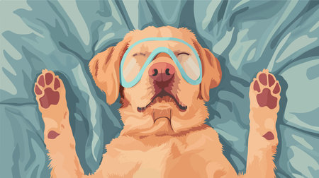 Adorable Labrador Retriever with Sleep Mask Resting Comfortably on a Bedのイラスト素材