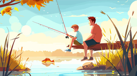 Cartoon Illustration of Father and Son Fishing Together on a Sunny Dayのイラスト素材