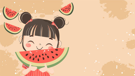 Adorable Little Girl Enjoying a Refreshing Watermelon Treat on a Beige Backdropのイラスト素材