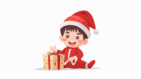 Adorable Baby Dressed in Red Holiday Costume with a Festive Giftのイラスト素材