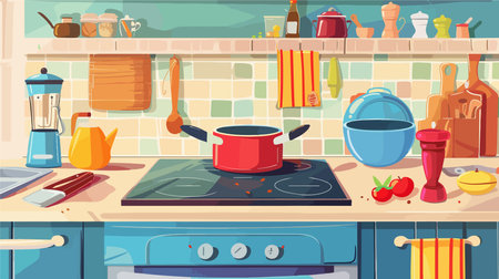 Modern Kitchen Countertop with Essential Cooking Tools and Productsのイラスト素材