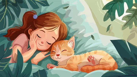 Person Cuddling with Fluffy Cat on Cozy Bed at Homeのイラスト素材