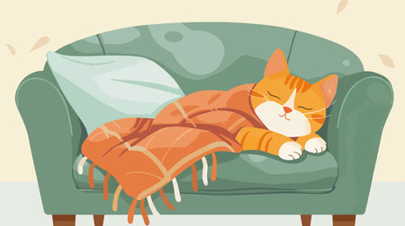 Cozy and Serene: A Cat Snuggles on a Blanket on a Homey Sofaのイラスト素材