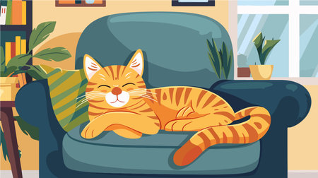 Cute Ginger Cat Resting Comfortably on Armchair at Homeのイラスト素材