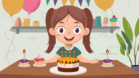 Animated Cartoon of a Cute Young Girl Enjoying Her Birthday Cake Indoorsのイラスト素材