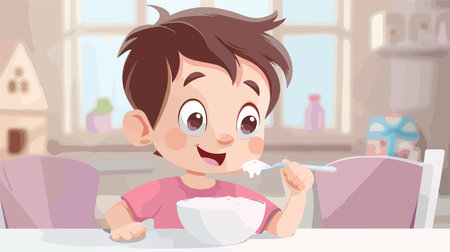 Adorable Toddler Indulges in Sweet Yogurt from a Plastic Bowlのイラスト素材