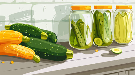 Freshly Cut Zucchinis and Assorted Pickled Vegetables in Glass Jarsのイラスト素材