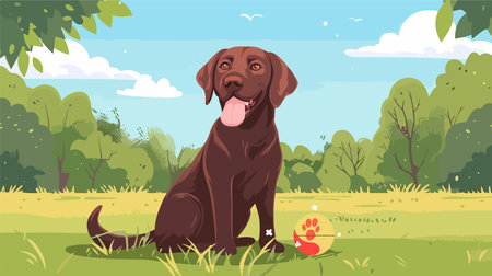 Playful Chocolate Labrador Retriever with Toy in Sunny Summer Fieldのイラスト素材