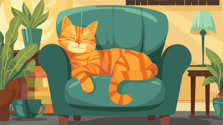 Cute Ginger Cat Resting Comfortably on Armchair at Homeのイラスト素材